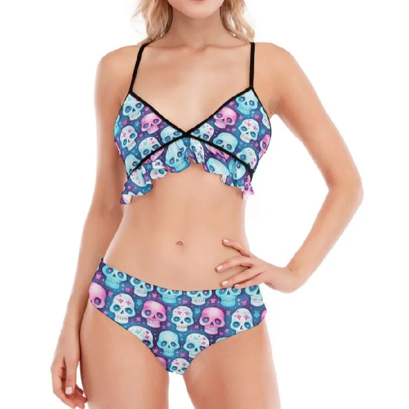 Women's Pastel Skulls Bikini Swimsuit With Ruffle Hem